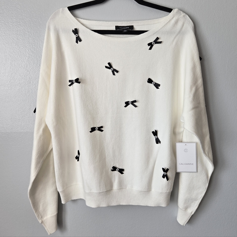 NWT Calligraphie Ivory Bow Sweater Lightweight Knit Boat Neck Black Ribbons